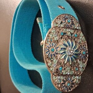 Turquoise Belt Blue Woven Belt With Silver Floral Jeweled Buckle
